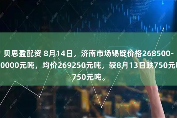 贝思盈配资 8月14日，济南市场锡锭价格268500-270000元吨，均价269250元吨，较8月13日跌750元吨。